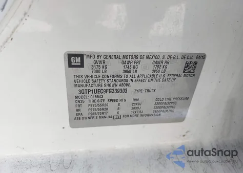 2015 GMC Sierra C1500 Sle z USA, uszkodzony, nr VIN 3GTP1UEC9FG339303